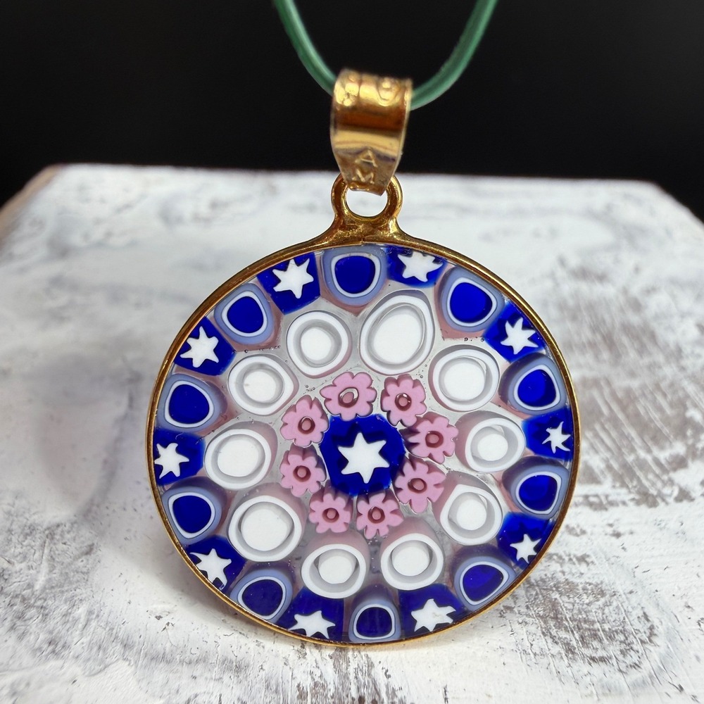 AMV Murano Millefiori Glass Pendant Hand Made Glass Italy Blue Pink Star VTG - Picture 10 of 11